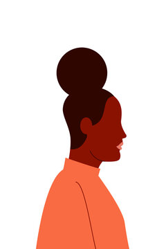 Brown, black woman, portrait, profile wearing a yellow, orange sweater. Colorful, flat vector illustration on transparent background. Character design, vertical layout