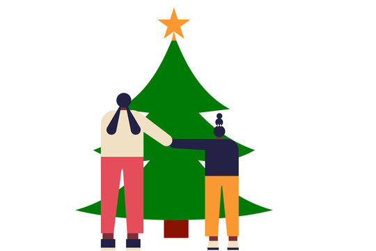 Two children, kids, girls, holding hands, standing in front of a Christmas tree. On top of the pine there is a yellow star. Perfect for social media, card, banner or article. 
