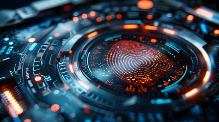 Abstract 3D Digital Fingerprint Authentication System Interface with Glowing Orange and Blue Details