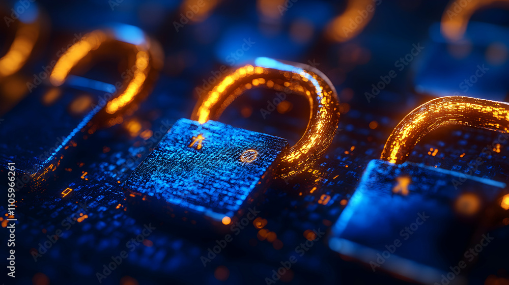 Poster abstract 3d render of digital padlocks with glowing orange lines, representing cybersecurity and dat
