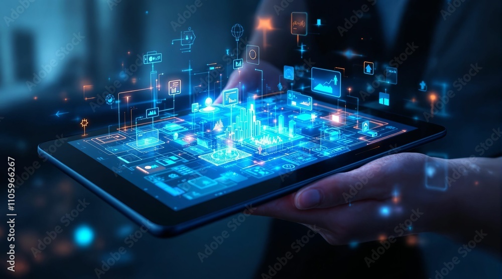 Poster interactive futuristic hologram interface on a digital tablet