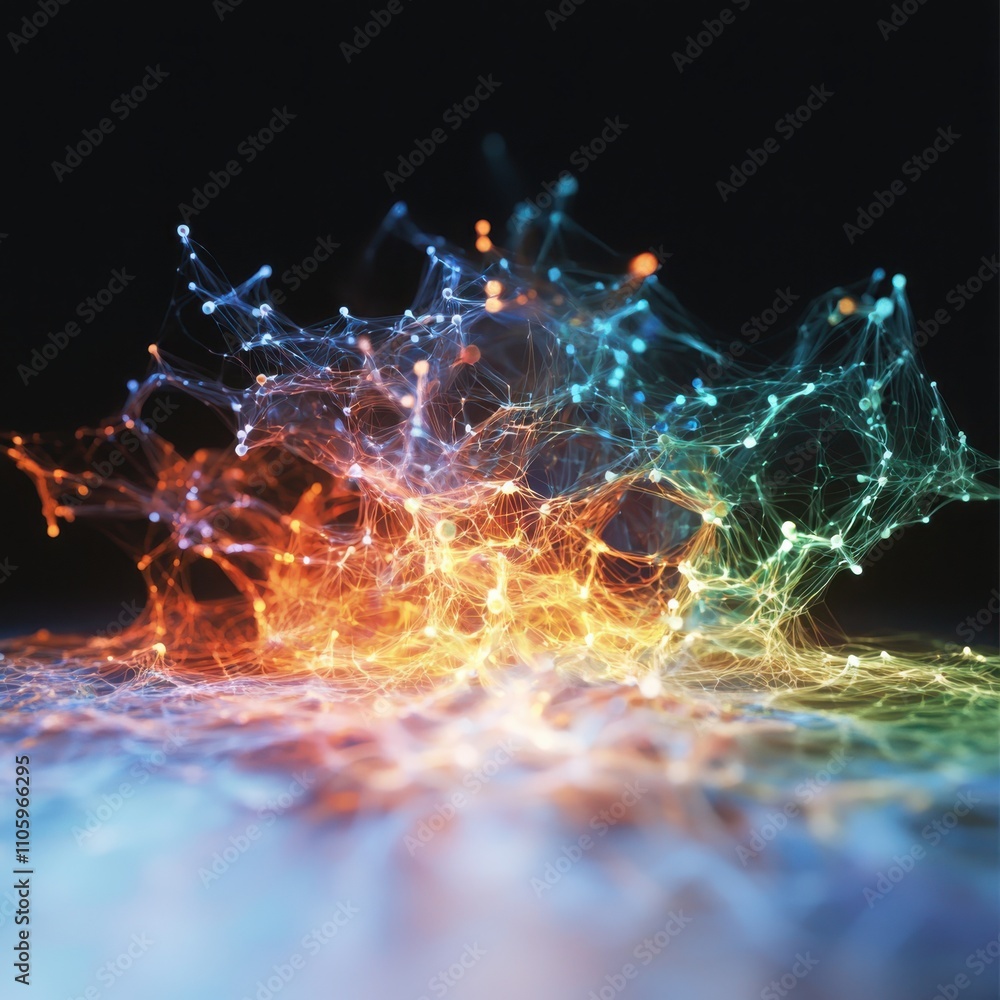Poster exploring the digital intelligence ecosystem algorithmic patterns evolving as translucent energy in 