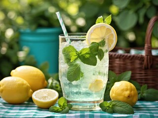 A chilled glass of lemonade garnished with fresh mint sprigs and slices of lemon.