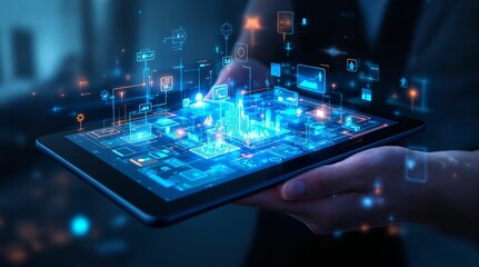 Fototapeta premium Interactive futuristic hologram interface on a digital tablet
