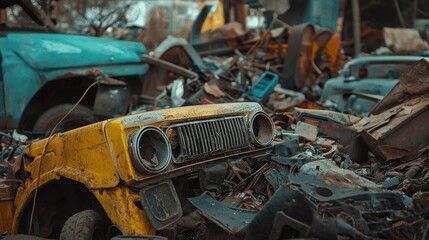 Fototapeta premium A close-up of discarded items in a junkyard reveals the stories behind each piece emphasizing the theme of recycling and reuse in modern society