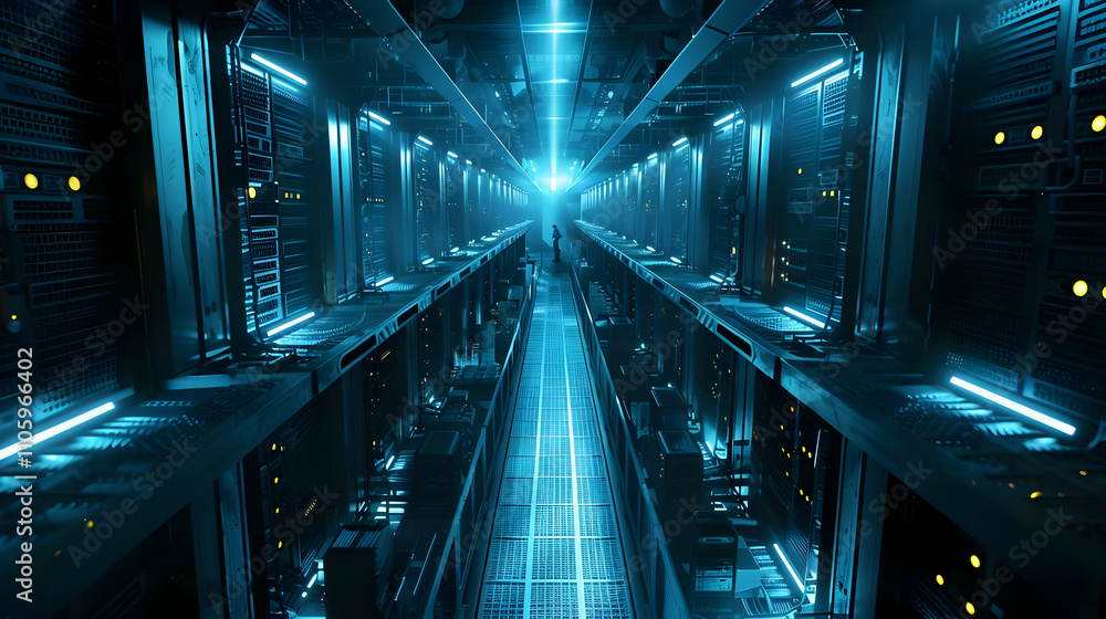 Poster futuristic digital server room: a 3d render of a long corridor filled with servers illuminated by bl