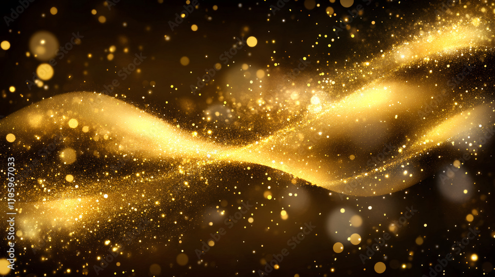 Poster elegant golden particles swirling and flowing on a dark backdrop, forming a luxurious wavy pattern, 