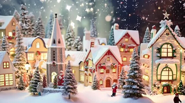 Miniature Street at Christmas. X-mas in the tiny model of old town. Toy city with houses and trees