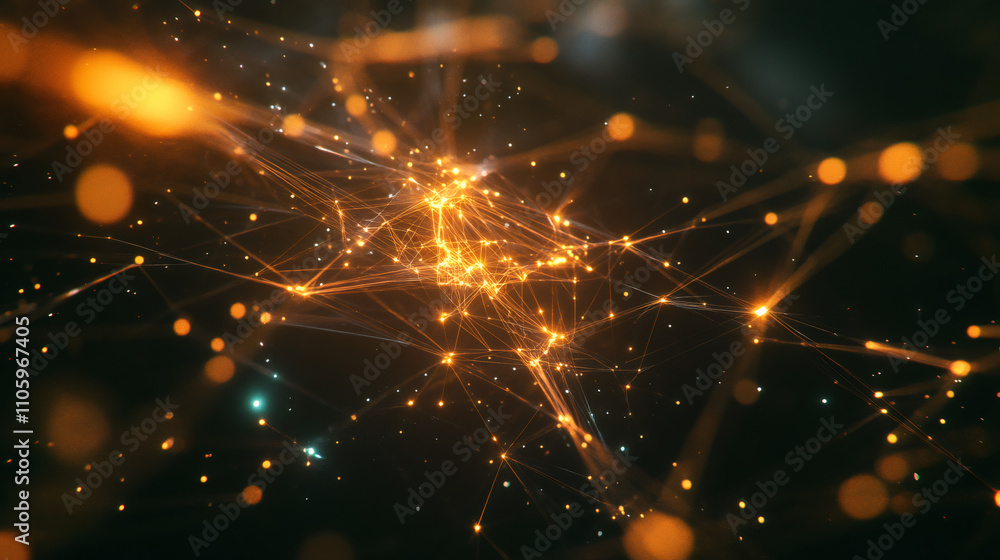 Poster Interconnected glowing dots and lines representing global communication and data exchange in the digital age