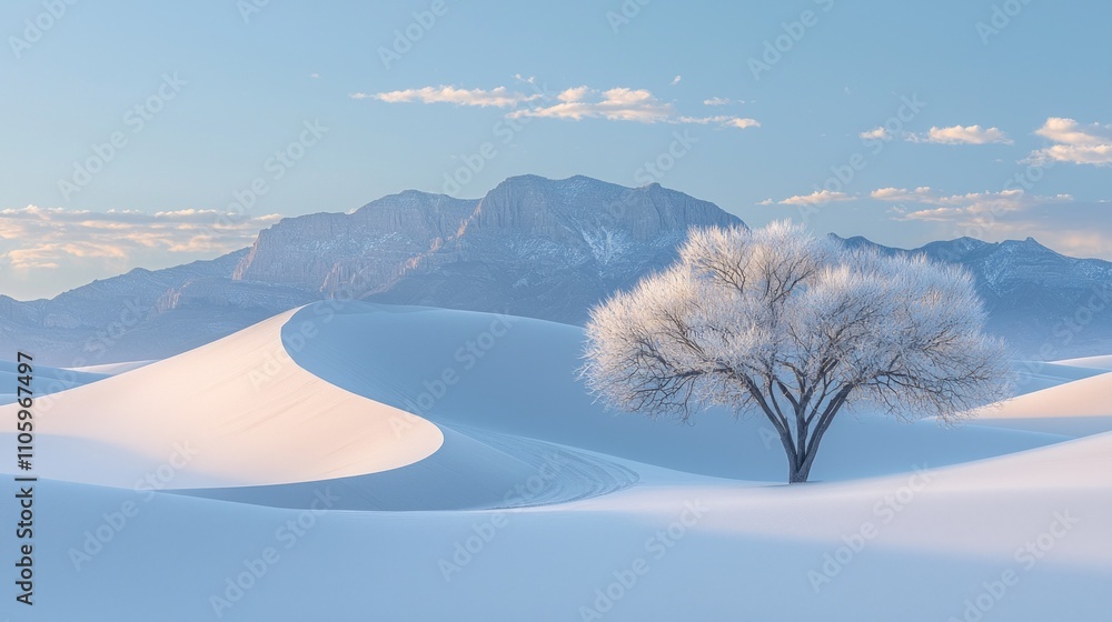 Poster vast desert showcases impressive sand dunes soft ripples while lone tree stands serene blue sky and 