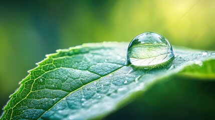 A close-up of a water droplet on a leaf after rainfall, showcasing nature's beauty and freshness