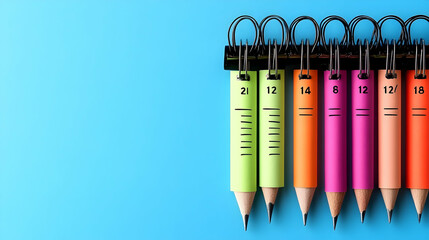 Colorful Pencils with Numbered Labels on Blue Background,  Illustrating Math Problems or  Educational Concept.