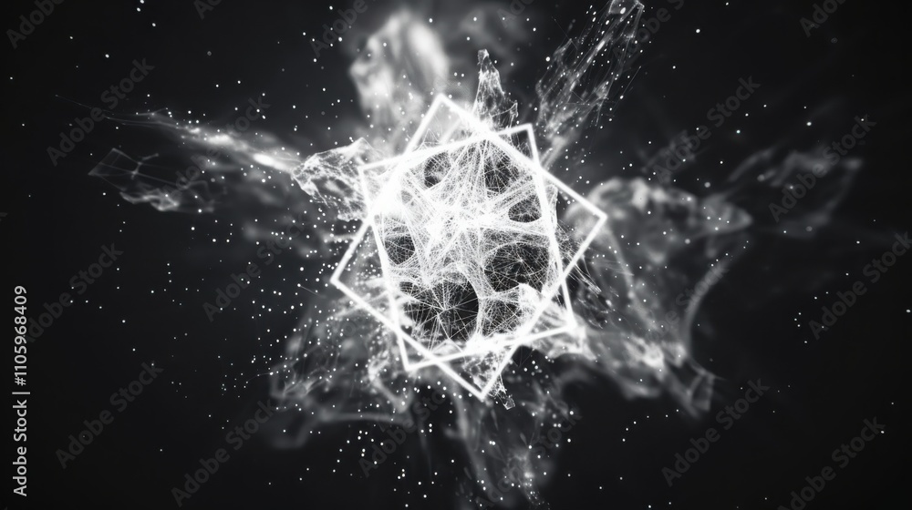 Poster transforming geometric shapes into complex mathematical equations virtual space digital art clean mi