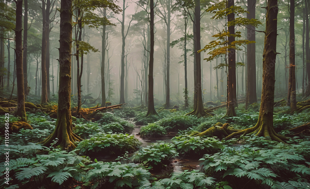 Poster Forest with a stream running through it. The stream is surrounded by plants and trees. The forest is very green and lush