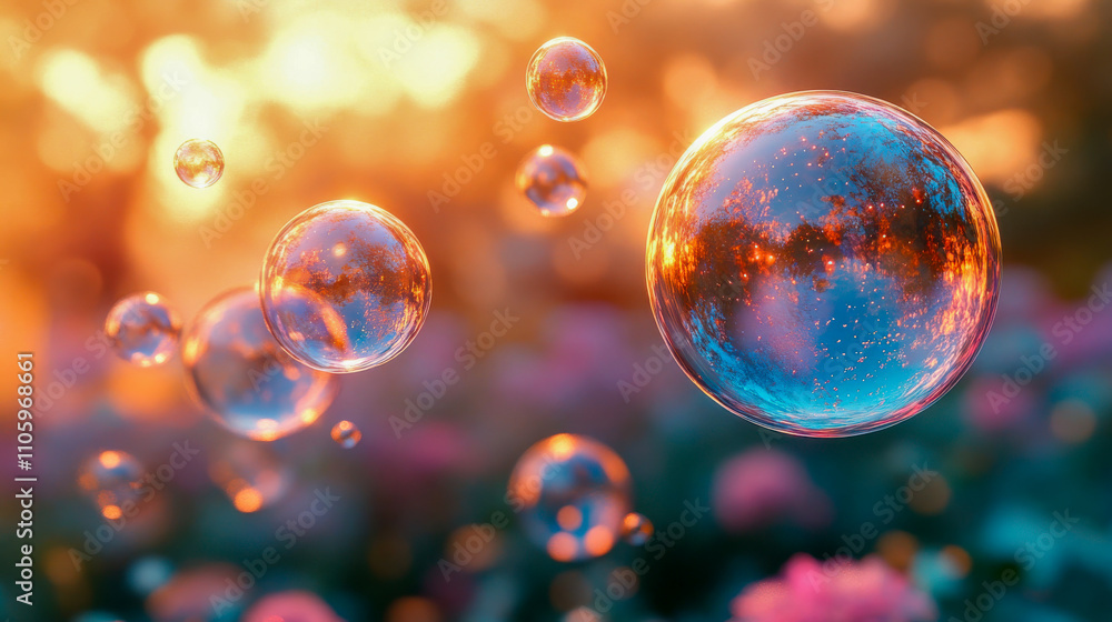 Poster vibrant floating bubbles in liquid with orange and blue highlights, creating an abstract and dreamy 