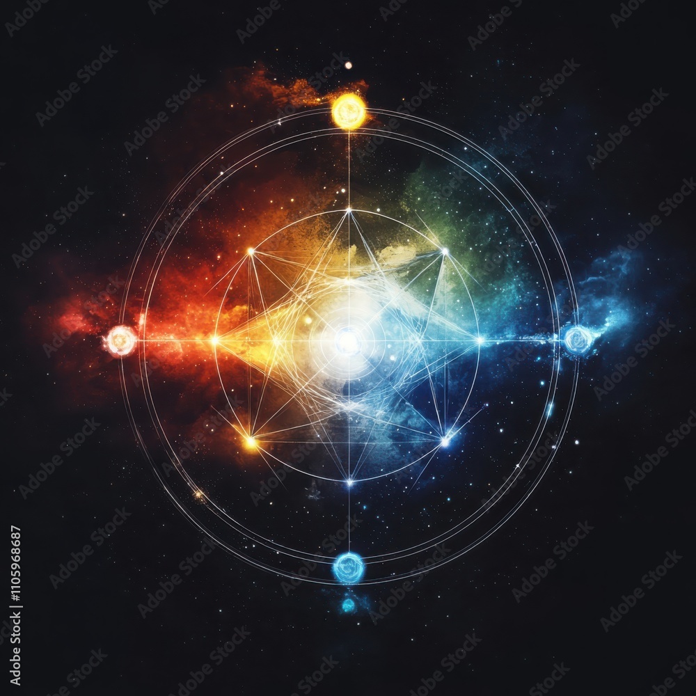 Aufkleber visualizing stellar evolution the lifecycle of stars through geometric transformations in cosmic col