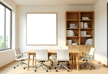 A modern office space with a large blank white frame on the wall, wooden bookshelves , and several white office chairs around a wooden table.
