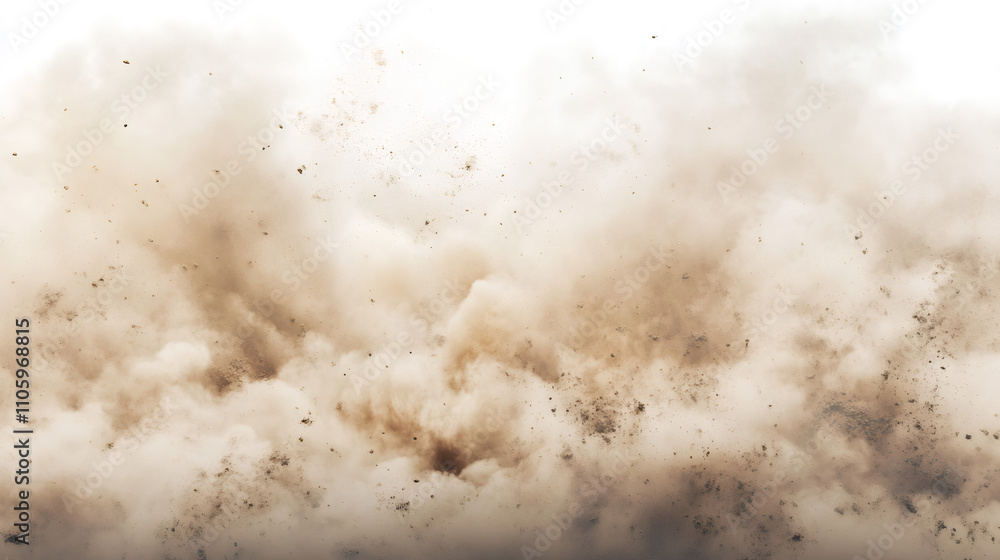 Poster explosive dust and debris creating a voluminous cloud against a white backdrop, ideal for compositin