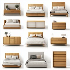 A set of various (Bedroom Furniture Set) in full detail, isolated on a transparent background. 