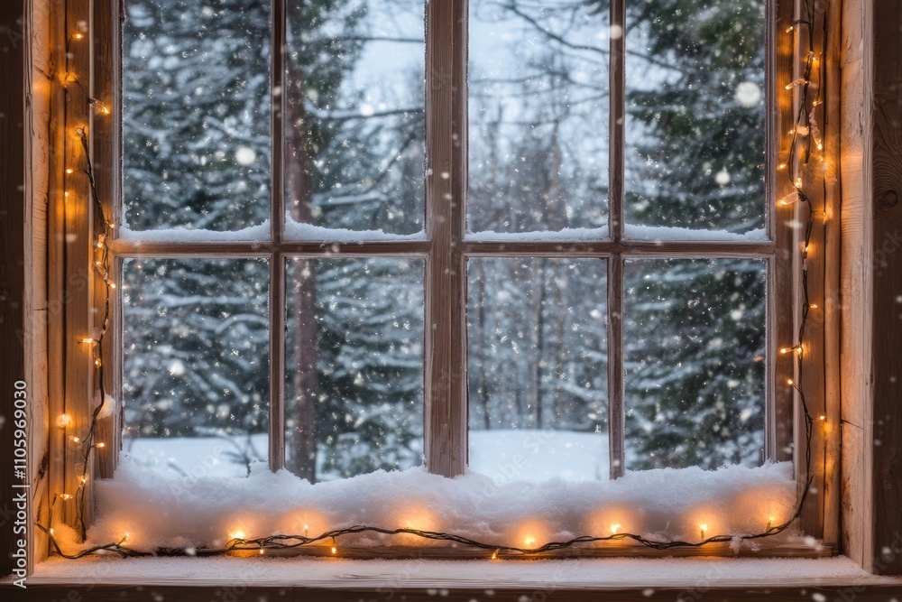 Poster Snowy Winter Window Scene With Festive Lights