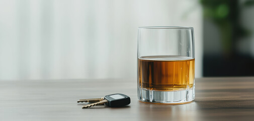 Alcohol Consumption Warnings concept. A glass of whiskey sits on a table next to a set of car keys, symbolizing the contrast between drinking and driving.