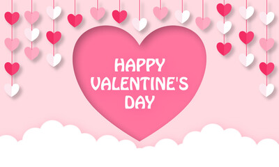Happy Valentine's day  banner background paper cut with heart balloon floating it the sky.