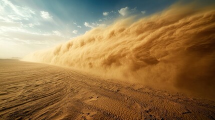 Fototapeta premium A close-up of a duststorm enveloping a desert landscape captures the beauty and chaos of this natural phenomenon