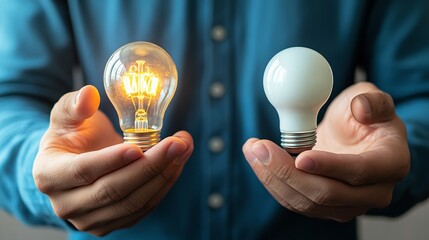 A male, Asian individual holds an incandescent light bulb in one hand and an LED bulb in the other, symbolizing choices in energy use.