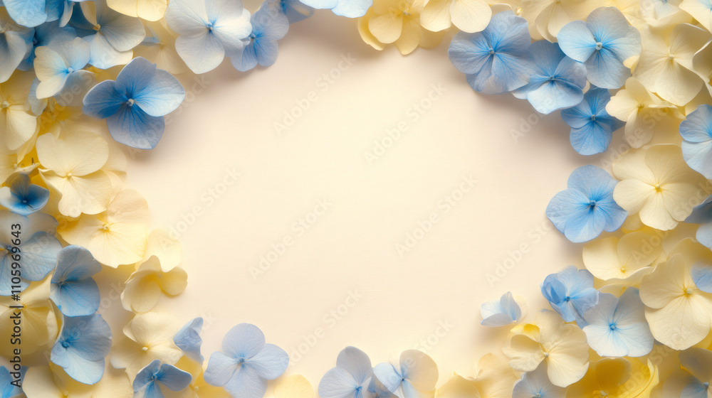 Aufkleber serene and inviting space for text or design created by delicate blue and yellow hydrangea blossoms 