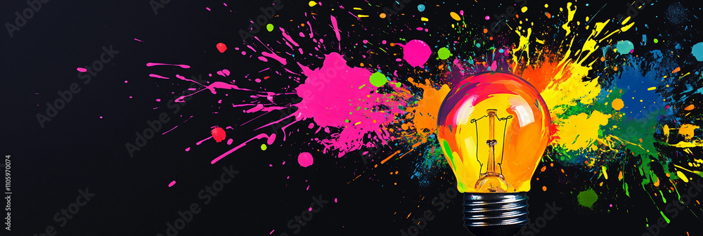 Poster light bulb surrounded by vibrant paint splashes in creative design
