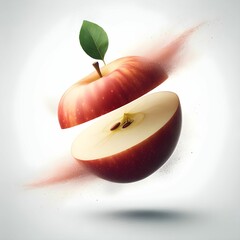 The image features a striking depiction of a sliced apple, seemingly floating in mid-air. The apple is split into two halves, with the inner white flesh and seeds clearly visible. A vibrant green leaf