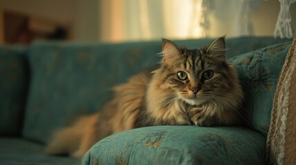 Obraz premium Fluffy Siberian Cat Relaxing on Sofa Armrest