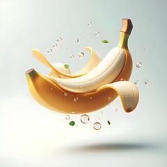 The image presents a captivating, artistic representation of a banana that appears to be floating in mid-air. The banana is depicted with a vibrant yellow peel, partially peeled back to reveal the cre