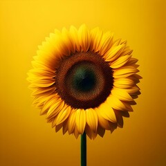 The image features a stunning sunflower set against a bright yellow background, creating a warm and cheerful atmosphere. The sunflower is fully bloomed, showcasing its vibrant golden petals that radia