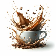 The image showcases a dynamic scene of a coffee cup, filled to the brim with liquid, as it splashes dramatically. The cup is white with a smooth surface, contrasting against the rich brown coffee that