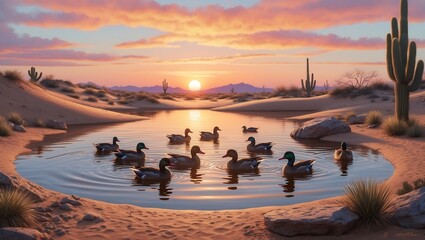 A tranquil desert oasis at sunset with ducks swimming in a reflective water pool, surrounded by golden sand dunes, cacti, and dramatic skies. A serene blend of nature and wildlife.
