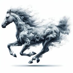 The image features a strikingly artistic representation of a horse seemingly composed of swirling smoke or mist. The horse is in mid-gallop, with its powerful legs stretched out and mane flowing drama