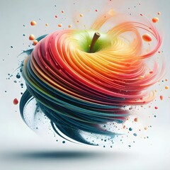 The image showcases a vibrant, artistic representation of an apple that appears to be swirling with colors. The apple is depicted in the center, surrounded by concentric bands of vivid hues, ranging f