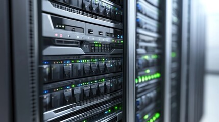 A close-up view of server racks with illuminated indicators, highlighting technology infrastructure.