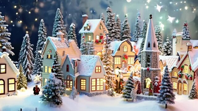 Miniature Street at Christmas. X-mas in the tiny model of old town. Toy city with houses and trees