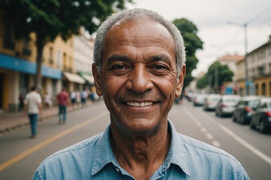 Close portrait of a smiling senior Brazilian man looking at the camera, Brazilian city outdoors  blurred background