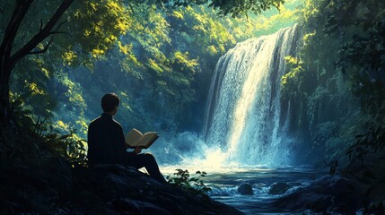 Tranquil Waterfall Escape: A Man Reading by a Serene Waterfall in Lush Greenery