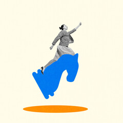 Woman leaping over horse piece, representing strategic planning and business tactics in creative...