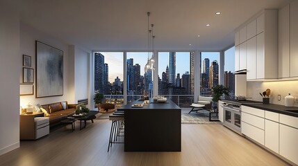 Obraz premium Modern apartment with city view, open kitchen, living room, and balcony at dusk.