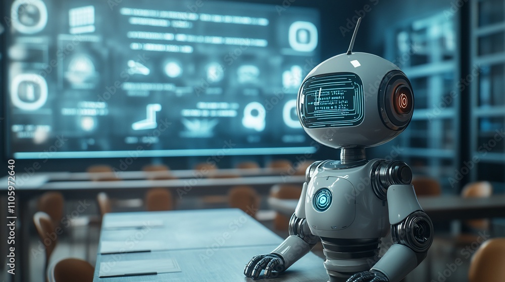 Poster robot teacher in a futuristic classroom.