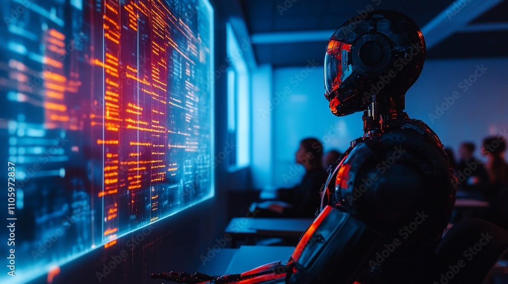 Poster Robot in futuristic classroom observing data on a large screen.