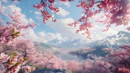 Japanese landscape in spring with cherry blossom.