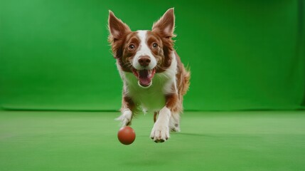 A dog in action chasing a ball, set on a sleek green screen for custom storytelling