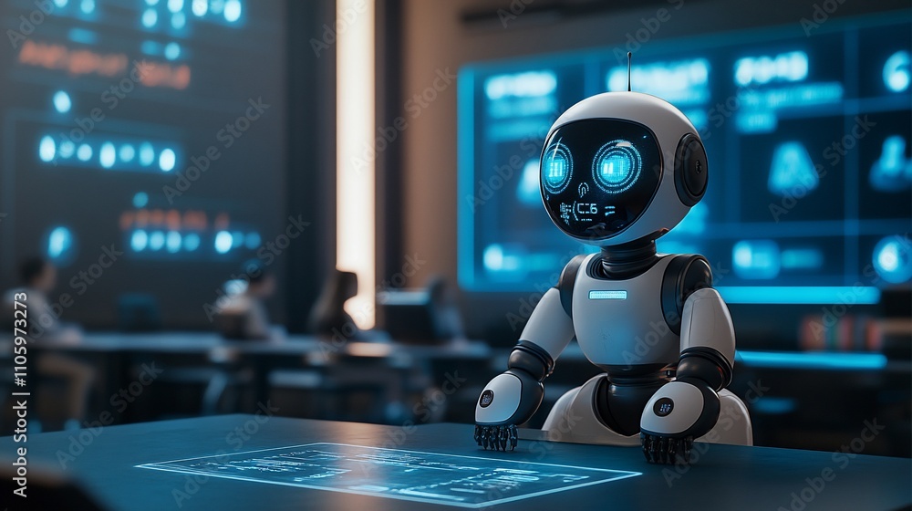 Poster robot sits at futuristic control panel in office.