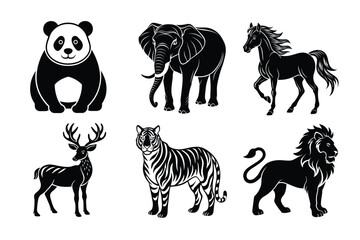 6 bundle Set of wildlife animals vector illustrations, collection of tiger, lion, cheetah,deer,panda,horse